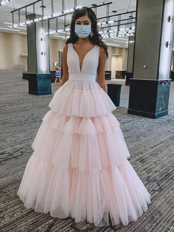 V Neck PinkTulle Long Prom Dresses, Pink Tulle Long Formal Evening Dresses