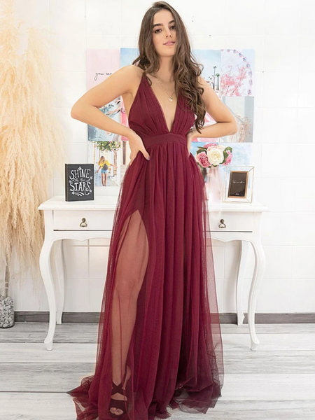 Simple V Neck Purple Burgundy Tulle Long Prom Dresses, Simple V Neck Purple Burgundy Tulle Long Formal Evening Dresses