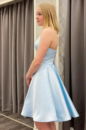 A Line Blue Satin Short Prom Dresses, Short Blue Satin Homecoming Dresses