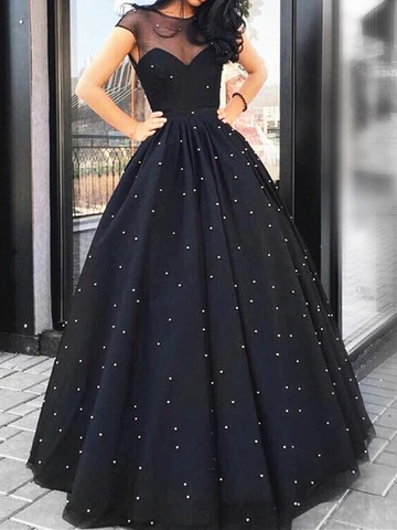 Cap Sleeves Round Neck Black Beaded Long Prom Dresses, Black Beaded Long Formal Evening Dresses