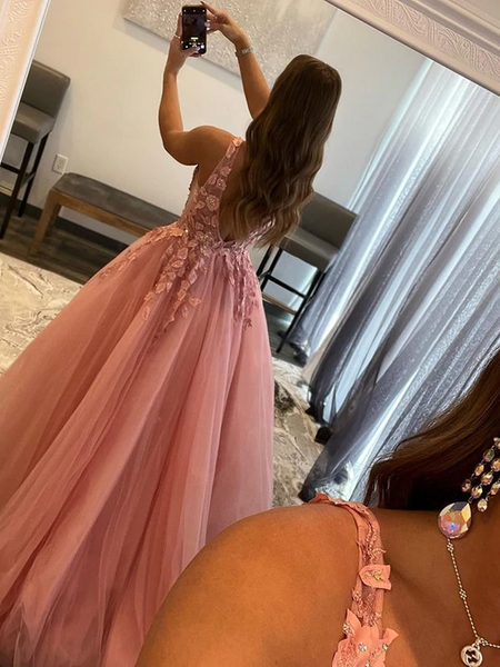 V Neck Pink Lace Floral Long Prom Dresses, Pink Lace Flower Long Formal Graduation Dresses