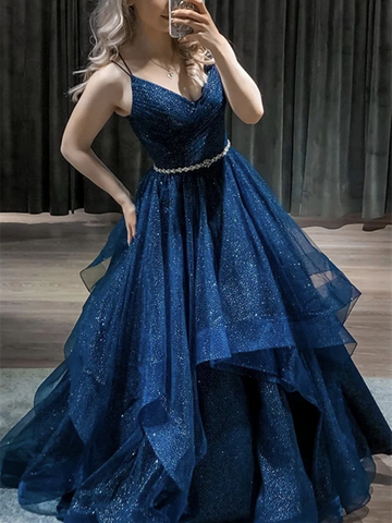 Shiny V Neck Blue Tulle Long Prom Gown, Shiny V Neck Navy Blue Tulle Long Prom Dresses