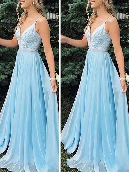 A Line V Neck Light Blue Beaded Chiffon Long Prom Dresses, Beaded Light Blue Long Formal Evening Dresses