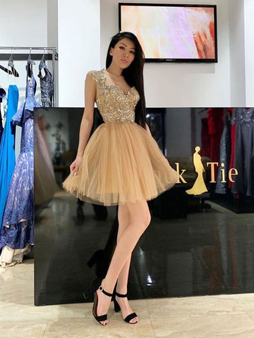 Gold Sweetheart Neck Tulle Short Prom Dress, Gold Sweetheart Neck Tulle Short Graduation Homecoming Dress