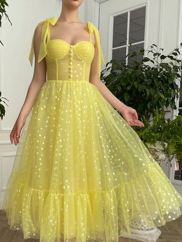 Yellow Tulle Short A Line Prom Dresses, Yellow Tulle Short A Line Evening Dresses