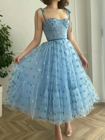 Blue Tea Length Tulle Prom Dresses, Blue Tea Length Formal Graduation Dresses