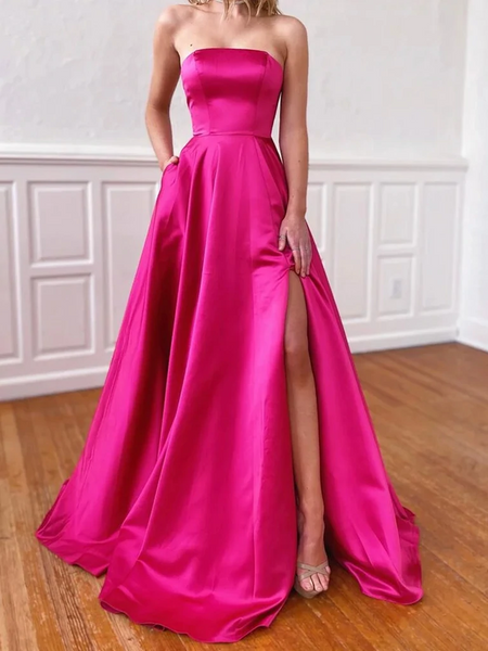 Strapless Hot Pink Satin Prom Dresses, Strapless Hot Pink Long Formal Evening Dresses