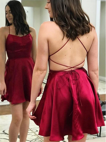 Cute Thin Straps Backless Burgundy Short Prom Dresses,  Burgundy Short  Homecoming Dresses, Wine Red Short Formal Evening Dresses