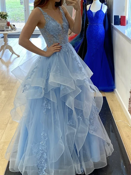 V Neck Blue Lace Long Prom Dresses, Blue V Neck Lace Ball Gown, V Neck Lace Blue Formal Evening Dresses