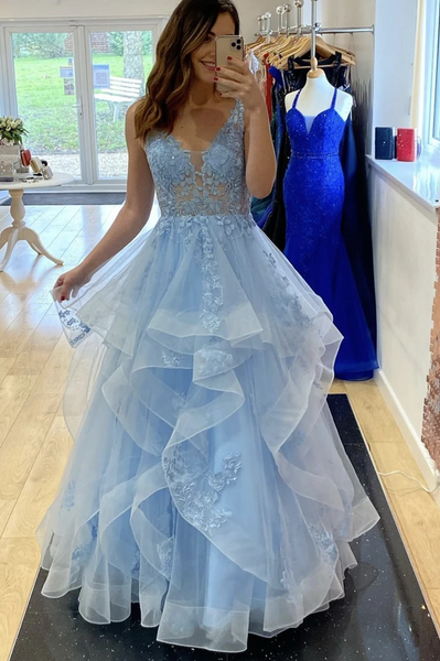 V Neck Blue Lace Long Prom Dresses, Blue V Neck Lace Ball Gown, V Neck Lace Blue Formal Evening Dresses