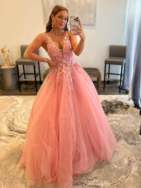 V Neck Pink Lace Floral Long Prom Dresses, Pink Lace Flower Long Formal Graduation Dresses