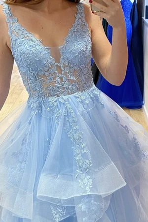 V Neck Blue Lace Long Prom Dresses, Blue V Neck Lace Ball Gown, V Neck Lace Blue Formal Evening Dresses