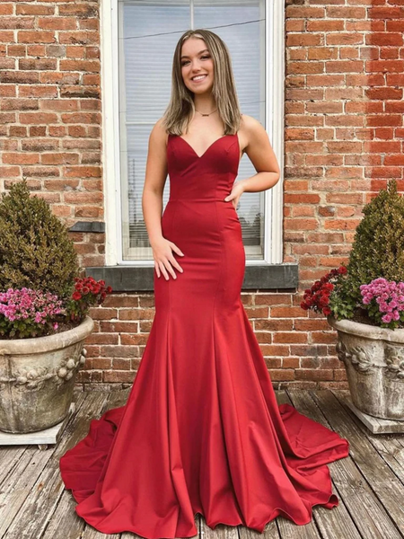 Simple V Neck Backless Satin Burgundy Mermaid Long Prom Dresses, Backless Burgundy Mermaid Long Formal Evening Dresses