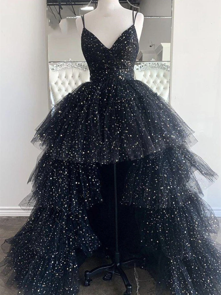 V Neck Black High Low Tulle Prom Dress, High Low Black Tulle Formal Evening Dresses