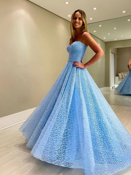 A Line Shiny Blue Tulle Long Prom Dresses, A Line Shiny Blue Tulle Long Formal Evening Dresses