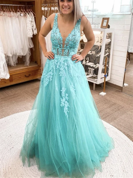 V Neck Blue Lace Tulle Long Backless Prom Dresses, Open Back Lace Blue Tulle Formal Evening Dresses