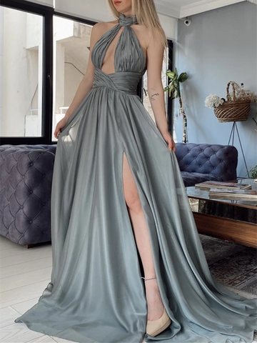 Sexy A Line Halter Neck  Gray Chiffon Long Prom Dresses, Halter Neck  Gray Chiffon Formal Evening Dresses