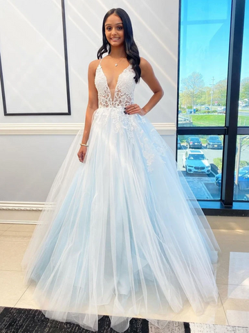 V Neck Light Blue Lace Tulle Long Prom Dresses, V Neck Light Blue Lace Tulle Long Formal Evening Dresses