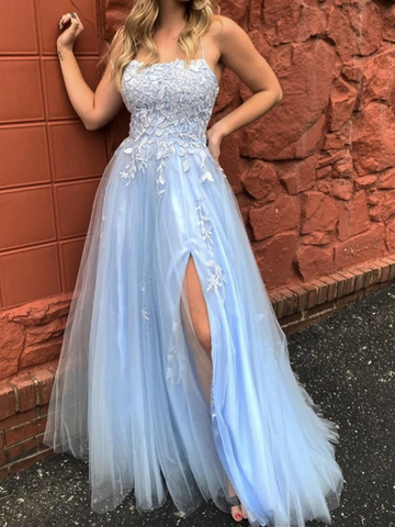 Blue Lace Spaghetti Straps Tulle Long  Prom Dresses, Light Blue Lace Tulle Long  Formal Evening Dresses