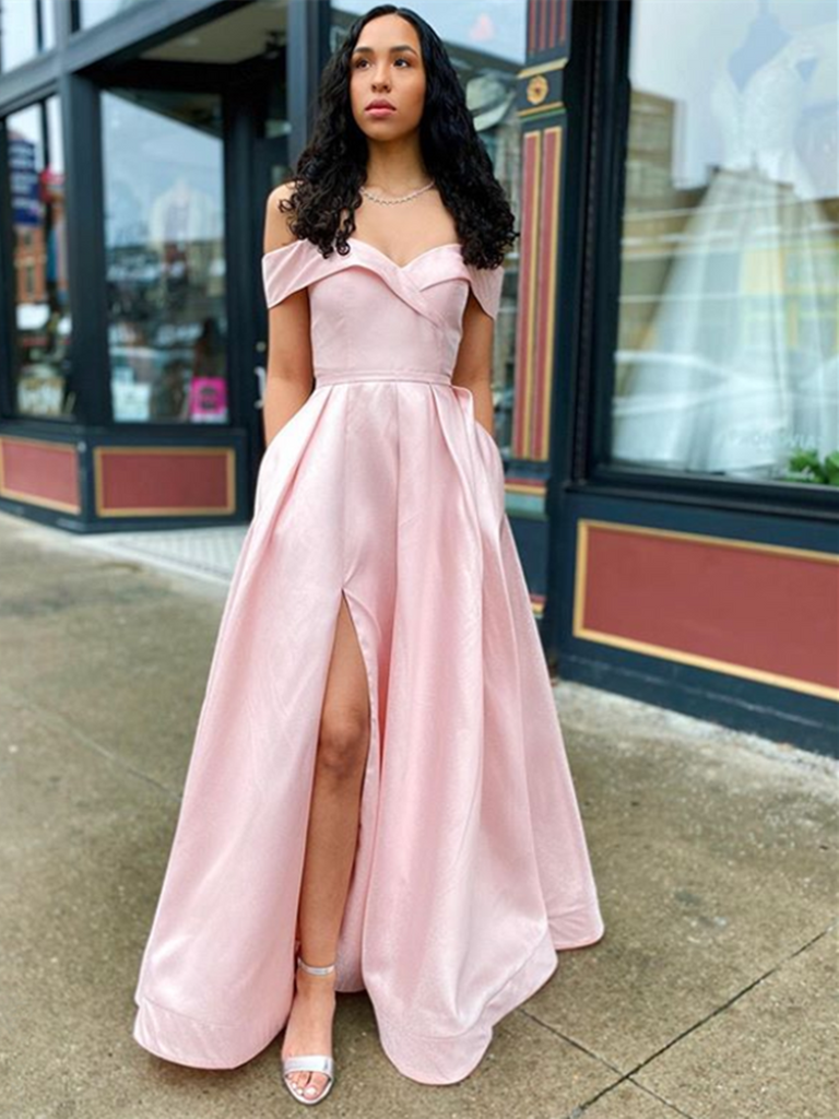 Pink Off Shoulder Satin Long Prom Dresses With Leg Slit, Pink Formal Dresses, Off The Shoulder Evening Graduation Dresses