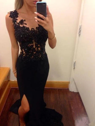 Custom Made Black Mermaid Lace Prom Dresses, Black Lace Evening Dresses