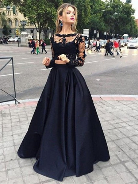 Long Sleeves Two Pieces Lace Crew Neck Prom Dresses, Lace Formal Dresses  