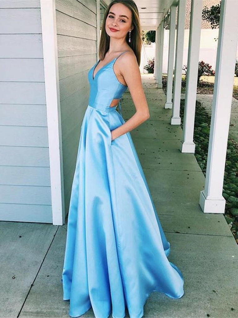 Blue A Line V Neck  Pockets Prom Dresses, Sleeveless Formal Dresses