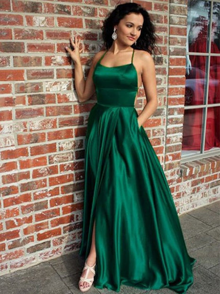 Green A Line Scoop Neck Split Front Prom Dresses, Pockets Formal Dresses 