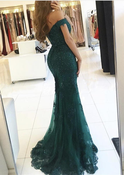 Emerald Green Off Shoulder Lace Prom Dress, Emerald Green Green Formal Dress, Lace Bridesmaid Dress