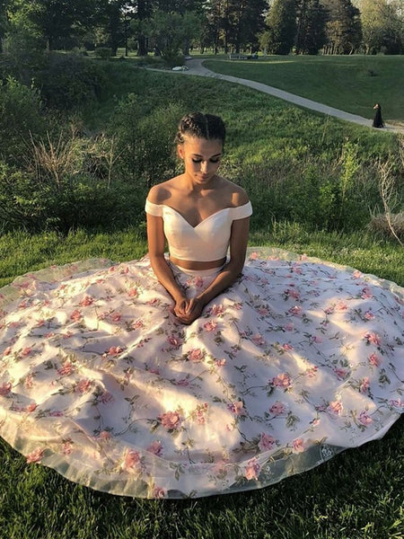 Off Shoulder Two Pieces Appliques Prom Dresses, Off Shoulder Formal Evening Dresses