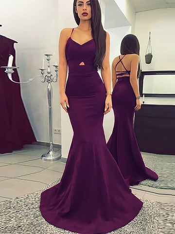 Mermaid Prom Dresses, V Neck Backless Long Evening Dress, Satin Sweep Train Prom Dresses 2019