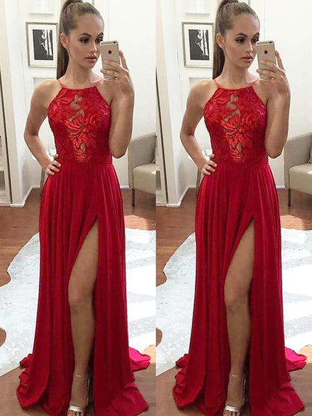 A-Line Halter Red Halter High Slit Prom Dresses, Sexy Formal Dresses 