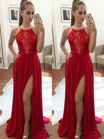 A-Line Halter Red Halter High Slit Prom Dresses, Sexy Formal Dresses 