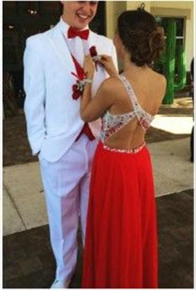 Custom Made A Line One Shoulder Red Backless Long Prom Dresses, Backless Long Formal Dress Back Details