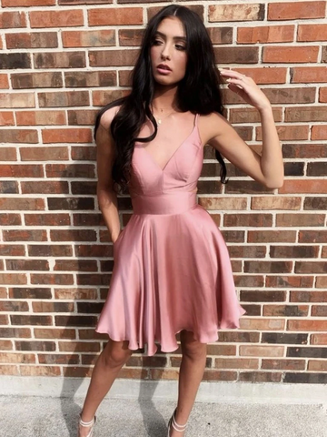 V Neck Short Rose Pink Prom Dresses, Short Rose Pink Formal Graduation Homecoming Dresses