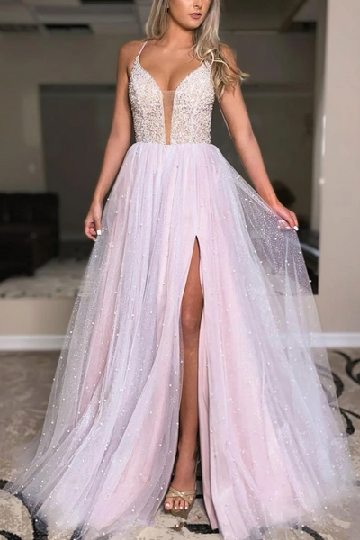 Deep V Neck Light Pink Backless Beaded Long Prom Dresss, Shiny Open Back Light Pink Formal Evening Dresses