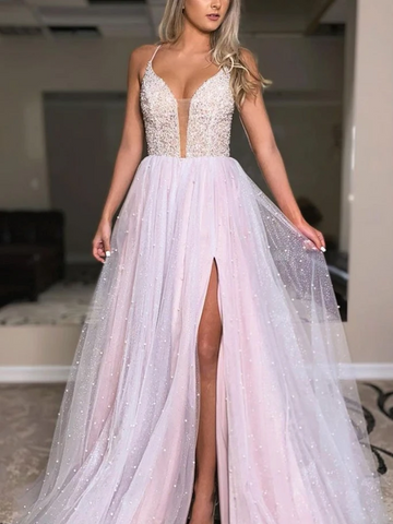 Deep V Neck Light Pink Backless Beaded Long Prom Dresss, Shiny Open Back Light Pink Formal Evening Dresses