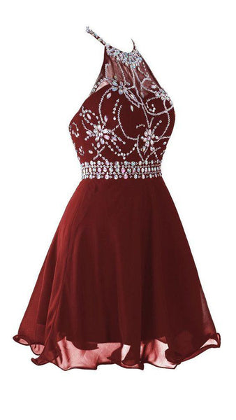 A Line Halter Neck Short Backless Burgundy Prom Dress, Backless Burgundy Homecoming Dress, Formal Dress, Graduation Dress