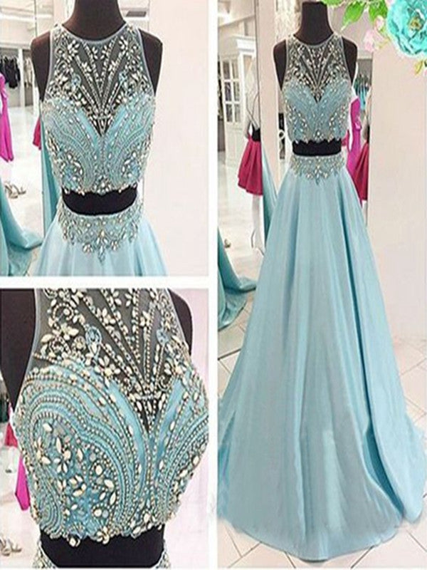 A Line Round Neck 2 Pieces Prom Dress, 2 Pieces Formal Dress, Evening Dress