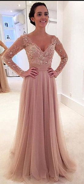 Custom Made V Neck Long Sleeves Lace Wedding Dresses, Lace Prom Dresses, Formal Dresses