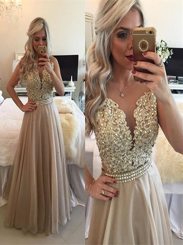 Custom Made A Line Round Neck Sleeveless Long Champagne Prom Dress, Champagne Formal Dress