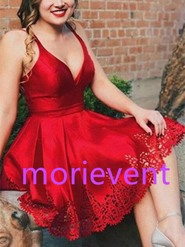 V neck red short prom dresses, Red short formal graduation homecoming dresses