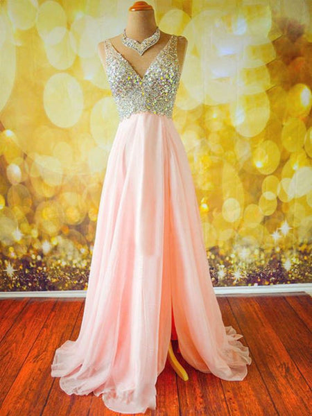 Pink A Line V Neck Sleeveless Long Prom Dresses, Pink V Neck Formal Dresses, Evening Dresses