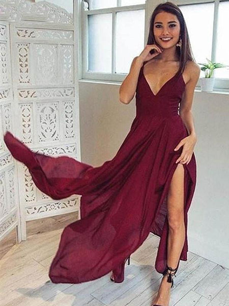 A Line V Neck Backless Long Maroon/Burgundy Prom Dresses, Backless Formal Dresses, Backless Maroon/Burgundy Bridesmaid Dresses