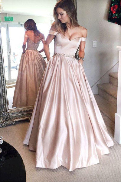 Elegant Off shoulder Floor Length Satin Prom Dress, Off Shoulder Formal Dress, Graduation Dress