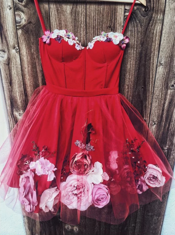 Sweetheart Neck Red Short 3D Floral Prom Dresses,  Red Floral Short Formal Homecoming Dresses