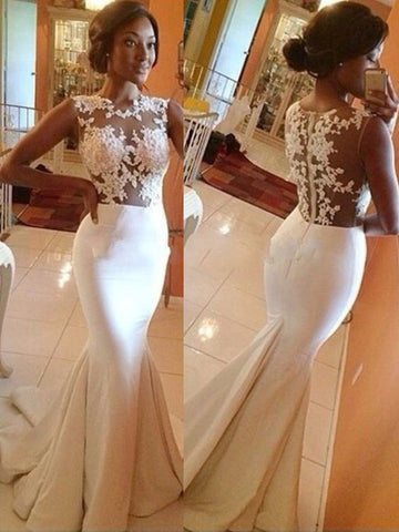 Round Neck Sleeveless White Mermaid Lace Prom Dress, Lace Mermaid Wedding Dress, Formal Dress