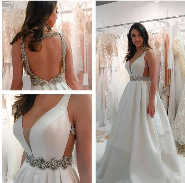 White Deep V Neck Backless Wedding Dress, Deep V Neck Prom Dress, Formal Dress