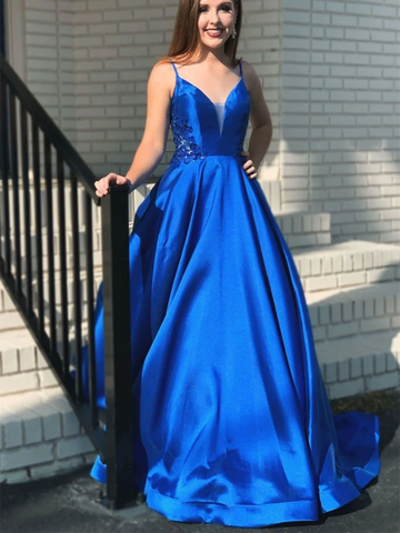 V Neck Blue Satin Long Prom Dresses, V Neck Blue Satin Long Formal Evening Dresses