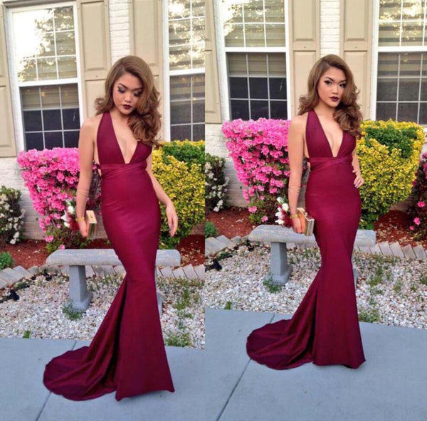 Custom Made Mermaid V Neck Backless Maroon Prom Dress, Burgundy Formal Dress, Evening Dress